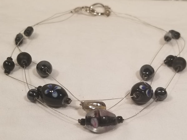 Triple Blac! Silver Wire with Black Decor Beads 16"-17"