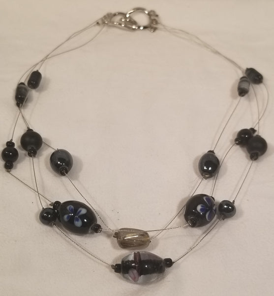 Triple Blac! Silver Wire with Black Decor Beads 16"-17"