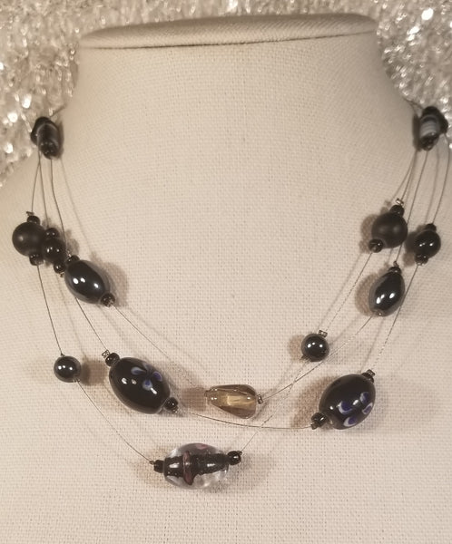 Triple Blac! Silver Wire with Black Decor Beads 16"-17"