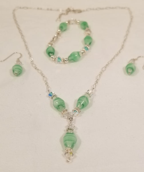 Greens! Sterling and Green Beads with S.A. Crystal Clear Set 18"-19-1/2"