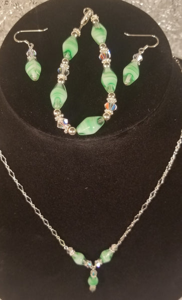 Greens! Sterling and Green Beads with S.A. Crystal Clear Set 18"-19-1/2"