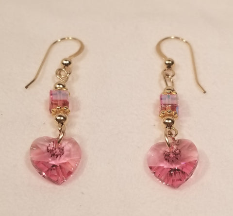 PINK-Hearts! 14 KTGF w/ Pink S.A. Crystal Earrings