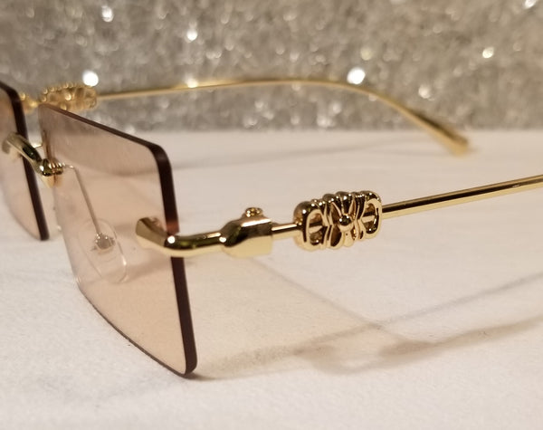 TAN Moscato! UNISEX! Gold Frame Rectangle Rimless Sunglasses