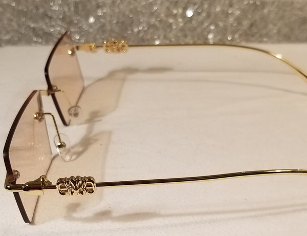 TAN Moscato! UNISEX! Gold Frame Rectangle Rimless Sunglasses