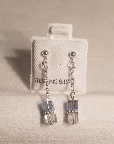 CubeOnCube Droplet! Silver w/ Clear & Blue S.A. Crystal Earrings