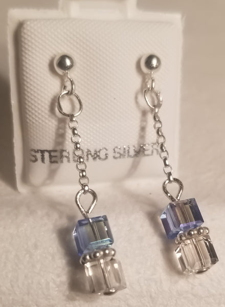 CubeOnCube Droplet! Silver w/ Clear & Blue S.A. Crystal Earrings