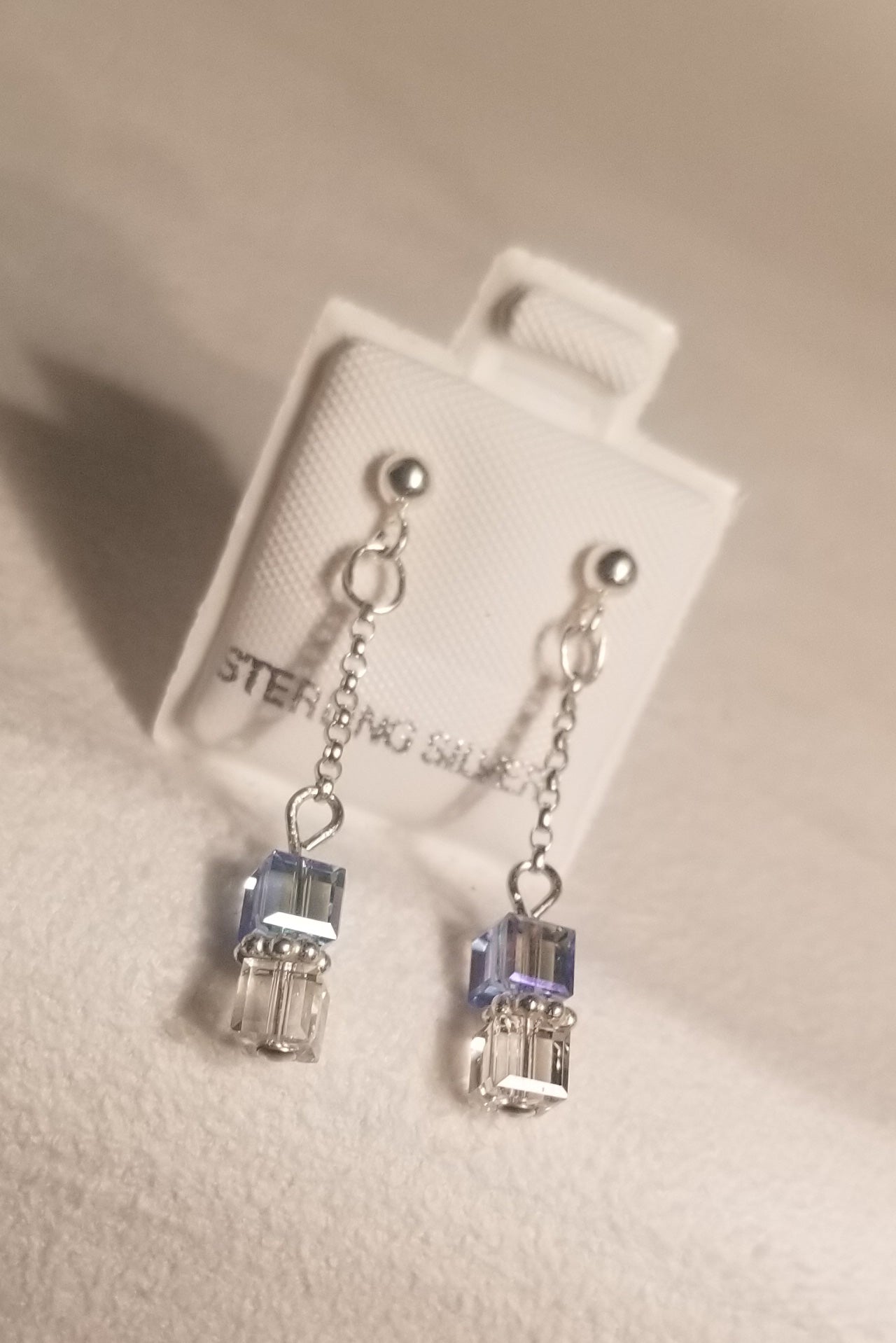 CubeOnCube Droplet! Silver w/ Clear & Blue S.A. Crystal Earrings