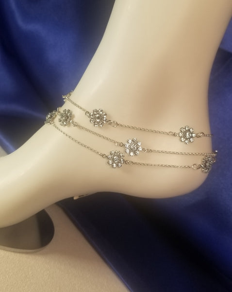 Light Blue Flowers! Sterling Silver with Blue Swarovski Crystal Anklet 9"-10-1/2"