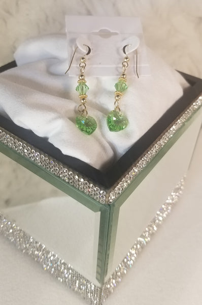 Green-Hearts! 14 Karat Gold with Green S.A. Crystal Earrings