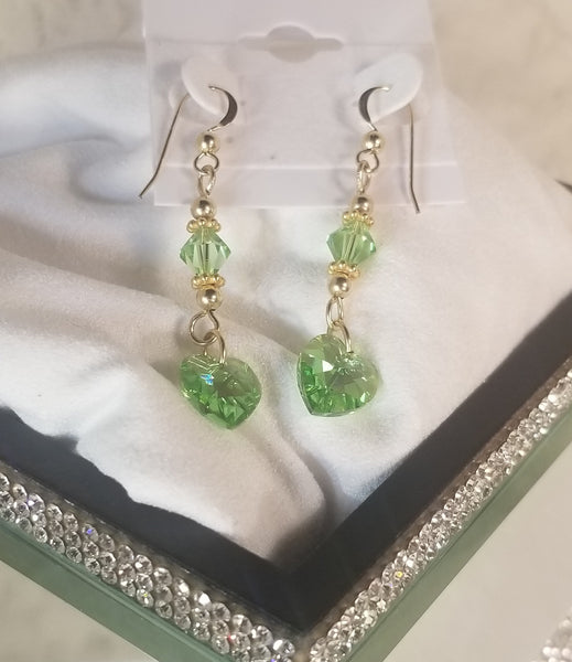 Green-Hearts! 14 Karat Gold with Green S.A. Crystal Earrings