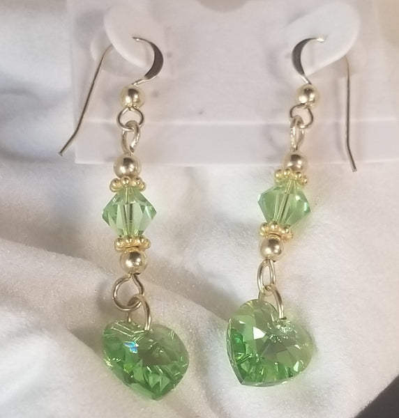 Green-Hearts! 14 Karat Gold with Green S.A. Crystal Earrings