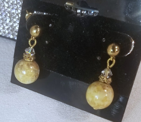 Green Splashed! Gold Metal with Green Splattered Bead Earrings