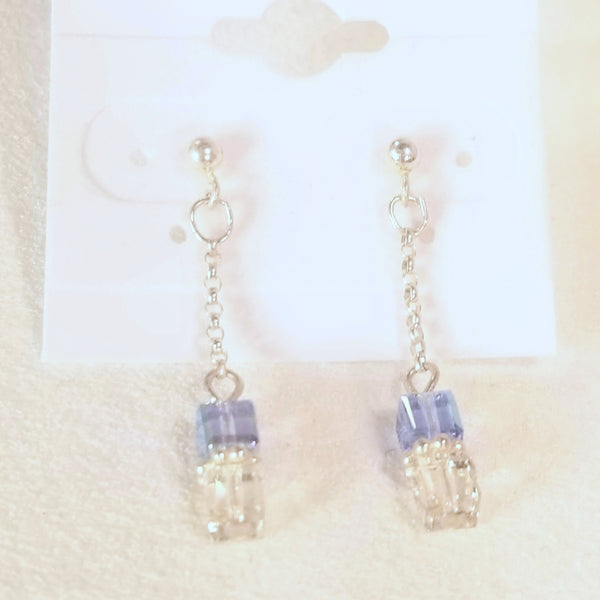 CubeOnCube Droplet! Silver w/ Clear & Blue S.A. Crystal Earrings