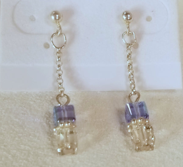 CubeOnCube Droplet! Silver w/ Clear & Blue S.A. Crystal Earrings