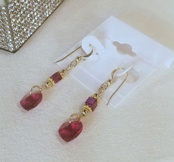 Red-Hearts! 14K Gold & Red Crystal Heart Earrings