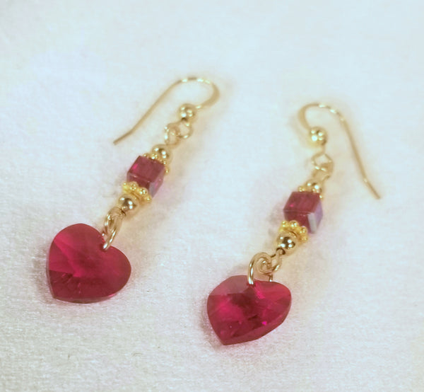 Red-Hearts! 14K Gold & Red Crystal Heart Earrings