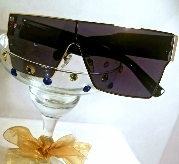 BLACK Queen! Gold/Black Flat Top Shield Sunglasses