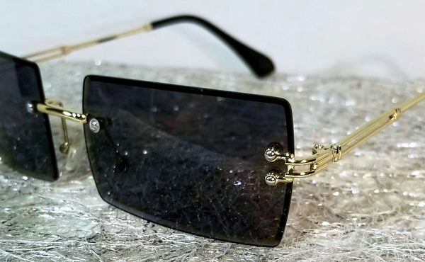 BLACK Shadie Savage! #1 UNISEX! Gold Frame Rectangle Rimless Sunglasses