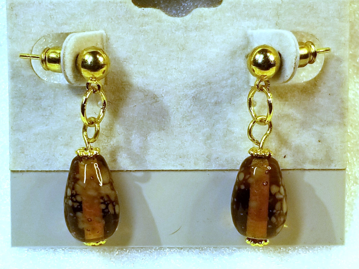 BROWN Spotted Gems! Brown Japanese Glass Beads on 14K Gold Earrings