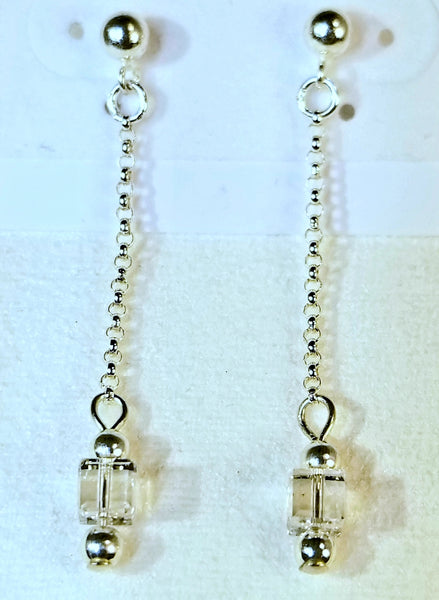 Clear Cube Long Drop! Silver Earrings