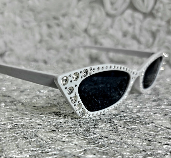 CatDiva Shimmer WHITE! Slender Rhinestone Cat Eye Sunglasses