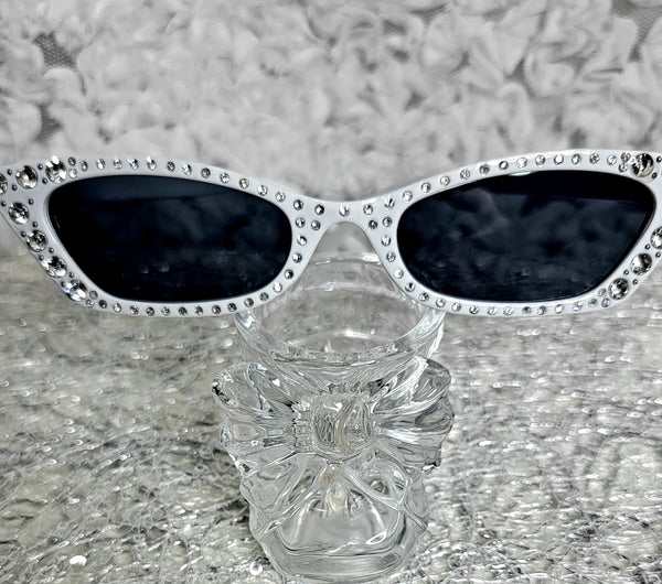 CatDiva Shimmer WHITE! Slender Rhinestone Cat Eye Sunglasses