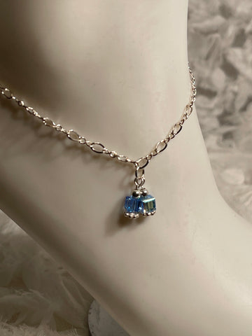 Baby Blue Wonder! Sterling Silver with Baby Blue S.A. Crystal Anklet >Fits Ankle size 10-1/2 and under!